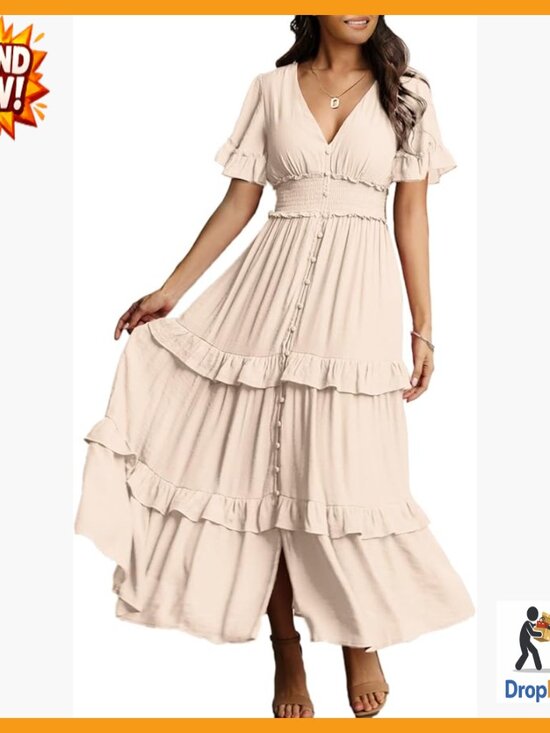 V Neck Long Sleeve Maxi Dress Boho Flowy Wedding Guest Engagement Dress